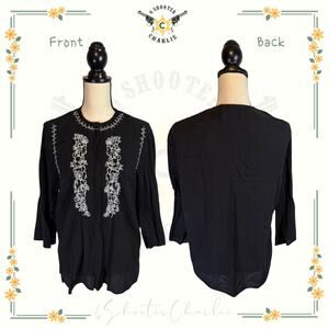 Studio Works SW Black White Embroidered Blouse 100% Cotton Womens Size Medium